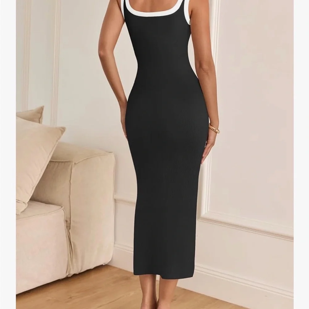 Chic Black Midi Dress with White Trim - Picture 5 of 5